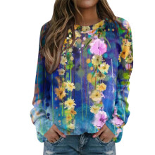 Damtröjor med lång ärm, glittrigt grafiskt tryck, rund hals, pullover, höstvinter, casual, lös passform, tröjor