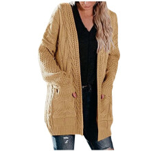 Cardigãs grossos para mulheres, suéteres de lã de cor sólida com bolso, estilo recreativo 2025, blusas de manga comprida cáqui.