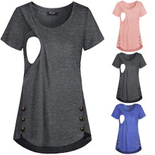 Camiseta feminina de amamentação para o verão, manga curta, gola redonda, com botões laterais, elástica, preta, tamanho M.