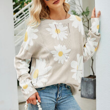 Dame Beige Marguerite Printed Oversized Langærmet Pullover, Løs Casual Rund Hals Top – Passer til XL