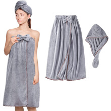 Toalla de baño ajustable para mujer, vestido tipo pareo suave con toalla para el cabello para la ducha, súper absorbente y de secado rápido (gris)