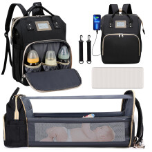 Mochila cambiador multifuncional con cambiador, bolsillo térmico para biberones, cuna plegable y puerto USB – Negra