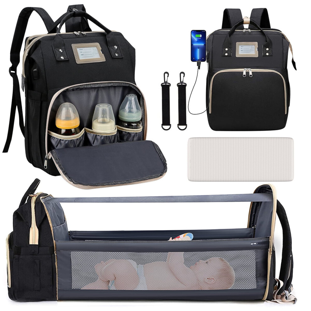 Multifunctional Diaper Bag Backpack With Changing Station, Insulated Bottle Pocket, Foldable Crib & Usb Port – Black
