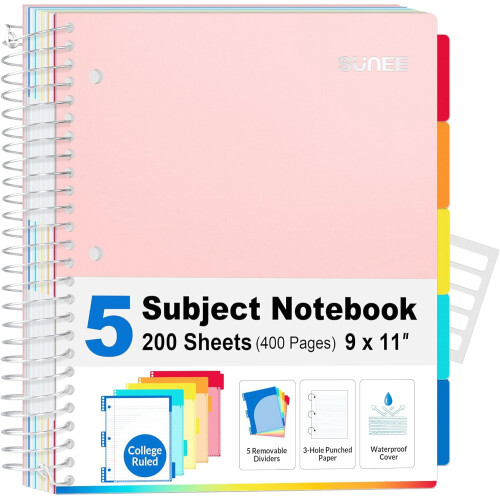 Caderno universitário de 5 matérias, 400 páginas, 23 x 28 cm (9 x 11 polegadas)