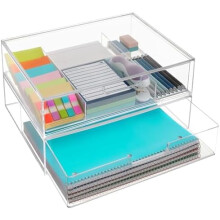 STAX Clear Stackable Organizer Drawers (2-Pc Set) – 12.5" Wide, 1 Open + 1 Divided | Desk & Paper Organization | Made in USA