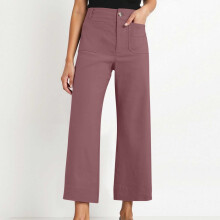 Pantaloni da donna a vita alta e gamba larga con chiusura a bottoni, 100% poliestere twill, con tasche, gamba dritta, casual, taglie S-2XL
