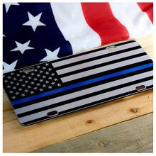 JASS GRAPHIX Thin Blue Line USA Flag License Plate – Matte Black Brushed Aluminum, Compatible with Standard Mounts