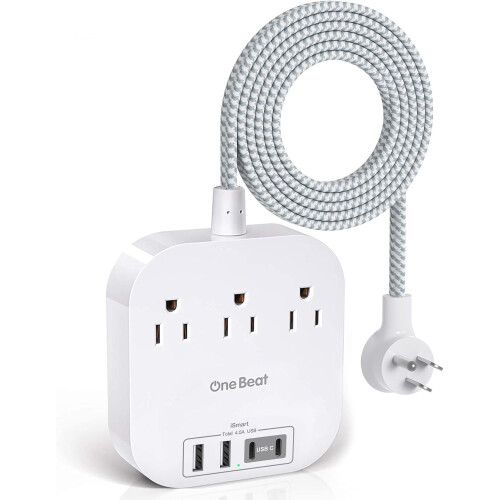 Πολύπριζο με USB-C, 3 πρίζες + 4 θύρες (22,5W), πλεγμένο καλώδιο 1,5 ποδιών, επίπεδο βύσμα,