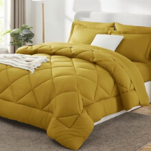 Juego de edredón Queen color amarillo mostaza de 7 piezas de microfibra