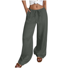 Calça feminina casual de cor sólida com cordão na cintura, elástico, pregas onduladas, em nylon e elastano, com acabamento fosco, estilo