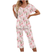Ensemble de pyjama ample et décontracté pour femme - Haut imprimé à manches courtes et col V + pantalon capri à taille élastique et poches