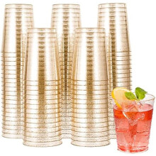 Paquete de 100 vasos de plástico de 9 oz con purpurina dorada