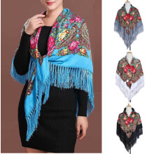 Lenço floral retrô, estilo étnico, xale retrô com estampa floral e franjas, ideal para outono e inverno. Perfeito para casamentos e festas.