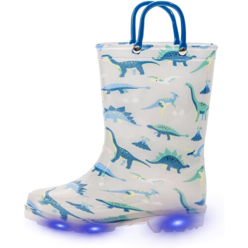 Botas de chuva infantis impermeáveis com luzes, estampas e glitter, com alças, para meninos e meninas.