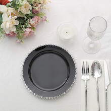 10 assiettes Ă salade rondes jetables en plastique noir et argent de 20 cm (8 po) avec bordure perlĂ©e, pour fĂŞtes, Ă©vĂ©nements et dĂ©corations Ă