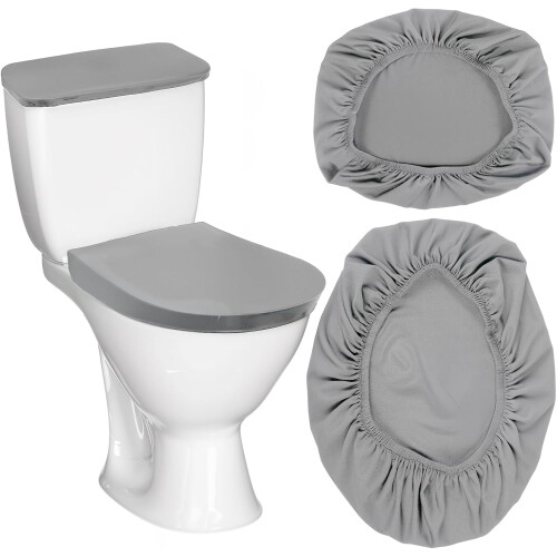 Set composto da coperchio WC e copricassone elasticizzati grigi.