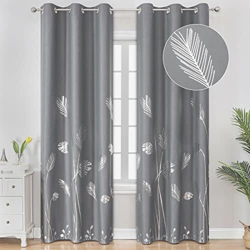 Thermal Blackout Curtains Silver Grey Palm Leaf Pattern 2