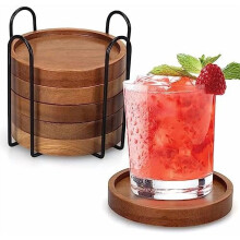 Acacia Wood Coasters with Holder Set 4 pcs