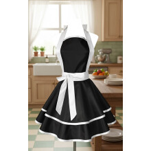 Cotton retro black apron for women, white trim