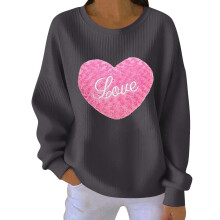 Dam Alla hjärtans dag-tröja med kärlekshjärta och tryck, ribbad rund halsringning, casual långärmad topp