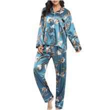 Damen-Pyjama-Set, modisch bedruckt, zweiteiliger Anzug mit langen Ärmeln und Hose, Nachthemd, blau, Größe XL