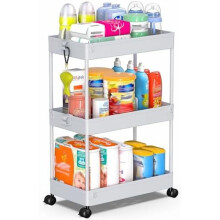 Chariot de rangement à 3 niveaux sur roulettes – Étagère mobile grise pour salle de bain, buanderie, bureau et organisation de la maison