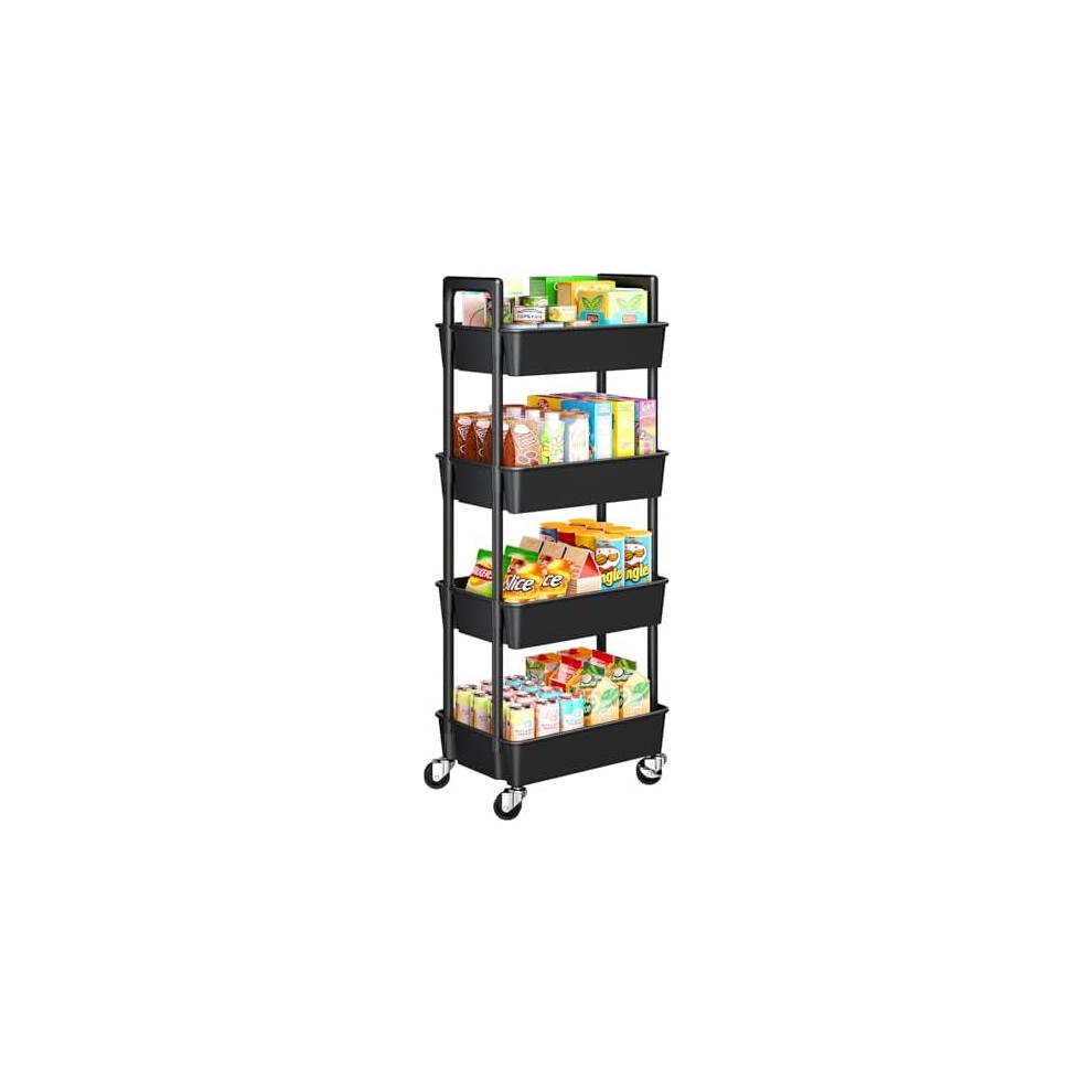 4-Tier Rolling Cart, Plastic Cart with Lockable Wheels & Reinforced Handle, Lightweight Utility Storage for Nursery, Bathroom, Craft Room, Black