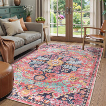 Bohemian Floral Medallion Round Rug – 3ft Hot Pink Washable Boho Rug for Bedroom, Nursery, Living Room & Office (Compatible with Standard Floors)
