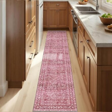 Tapis de couloir rose fuchsia vintage 60 x 300 cm, lavable, antidérapant, en fausse laine à poils courts, doux et vieilli, idéal pour la cuisine,