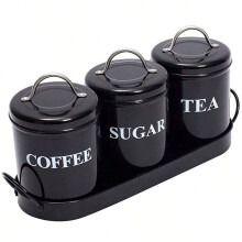 Ensemble de 3 boîtes à thé, café et sucre | Bocaux de conservation vintage en métal avec couvercles hermétiques et plateau en métal |