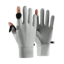 Zonwerende handschoenen van ijzijde met UV-bescherming, antislip en ademend, geschikt voor vissen en fietsen. Handschoenen met twee vingers voor