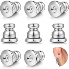 Hypoallergenic 18K Gold Bullet Earring Backs for Studs, Secure Locking Backs for Sensitive Ears (Silver, 8 PCS), compatible with most studs