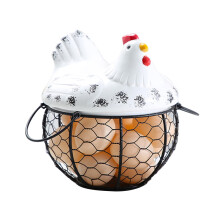 Metal Mesh Wire Egg Storage Basket with White Ceramic Farm Chicken Top and Handles