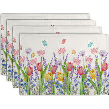 Juego de 4 manteles individuales de lino con diseño de tulipanes y estampado floral en acuarela.