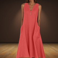 Kleider für Damen Sommer Casual A-Linien-Kleid Unifarben Bedruckt Ärmellose Lange Kleider Oversize V-Ausschnitt Strand Fließende Midi-Kleider mit