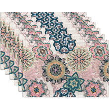 Set van 6 placemats met mandala-motief en bloeiende bloemen, 30 x 45 cm, wasbaar en hittebestendig linnen, geschikt voor lente/zomer, feestjes en