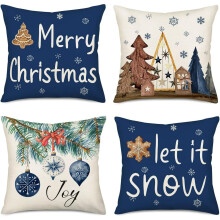 Housses de coussin de Noël 45 x 45 cm, lot de 4, motif flocons de neige bleus