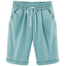 Bermuda feminina de verão, calça casual de algodão, comprimento até o joelho, cintura elástica, cordão e bolsos.