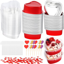 Verpakking van 60 hartvormige mini-cakevormpjes (96 gram) met deksels en lepels – Aluminiumfolie, wegwerp, bakvormpjes voor Valentijnsdag cupcakes