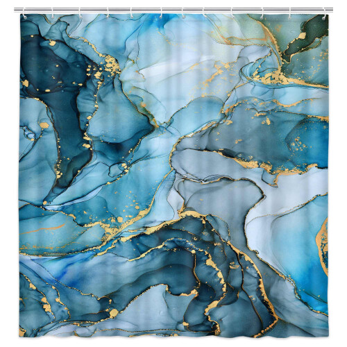 Cortina de chuveiro para banheiro em mármore azul com ganchos, 175 x 190 cm (69 x 75 polegadas).