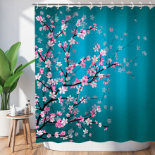 Douchegordijn met kersenbloesemmotief, Japans sakura bloemenpatroon, turquoise en roze, 183 x 183 cm, 12 haken