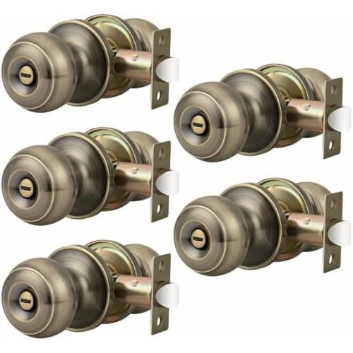 Dörrhandtag för sovrum och badrum, antik mässing, rund kula, nyckellöst lås, 5-pack