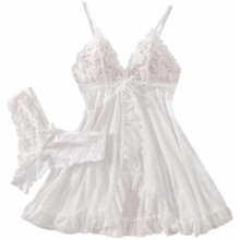 Sexy babydolljurk met open voorkant, ruches, doorschijnend mesh en kant, inclusief string (2-delig)
