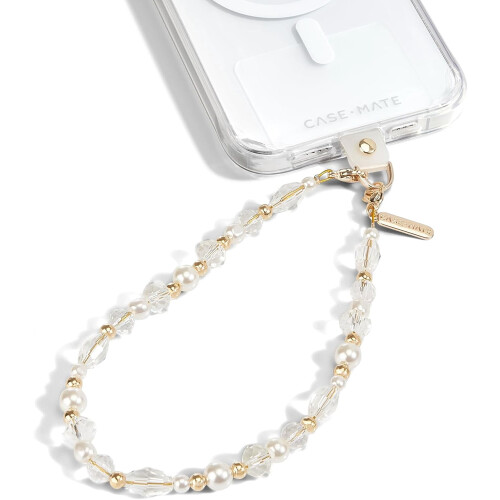 Pingente para celular com contas, alça antifurto, cristal e pérola dourada.