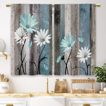 Rustic Daisy Vase Floral Kitchen Curtains, Green Wooden Farmhouse Short Cafe Tier Curtains (27.5x39"), Compatible with Country & Inspirational