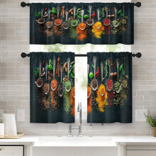 Farmhouse fűszer- és gyógynövénymintás konyhai függöny szett, 3 darab (137 cm x 61 cm), vintage rövid függönyfülke fürdőszobába,
