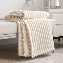 Queen Fleece Blanket 230 x 230 cm Beige Pompom Trim