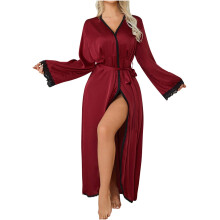 Dámske elegantné sexi čipkované tylové šaty na spanie - jednofarebné, s dlhým rukávom, odhaleným chrbtom, s pásom, pyžamom,