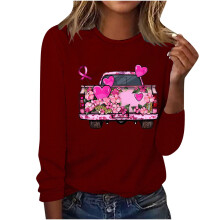 Weinrotes, leichtes Langarmshirt für Damen, kurzes, rundhalsförmiges Langarmshirt aus Polyester mit Grafikprint, Größe L