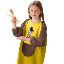 Kids' Cartoon Art Smock with Pocket, Long Sleeve, Round Neck – Yellow, 4-6 Years, Compatible with Drawing & Painting